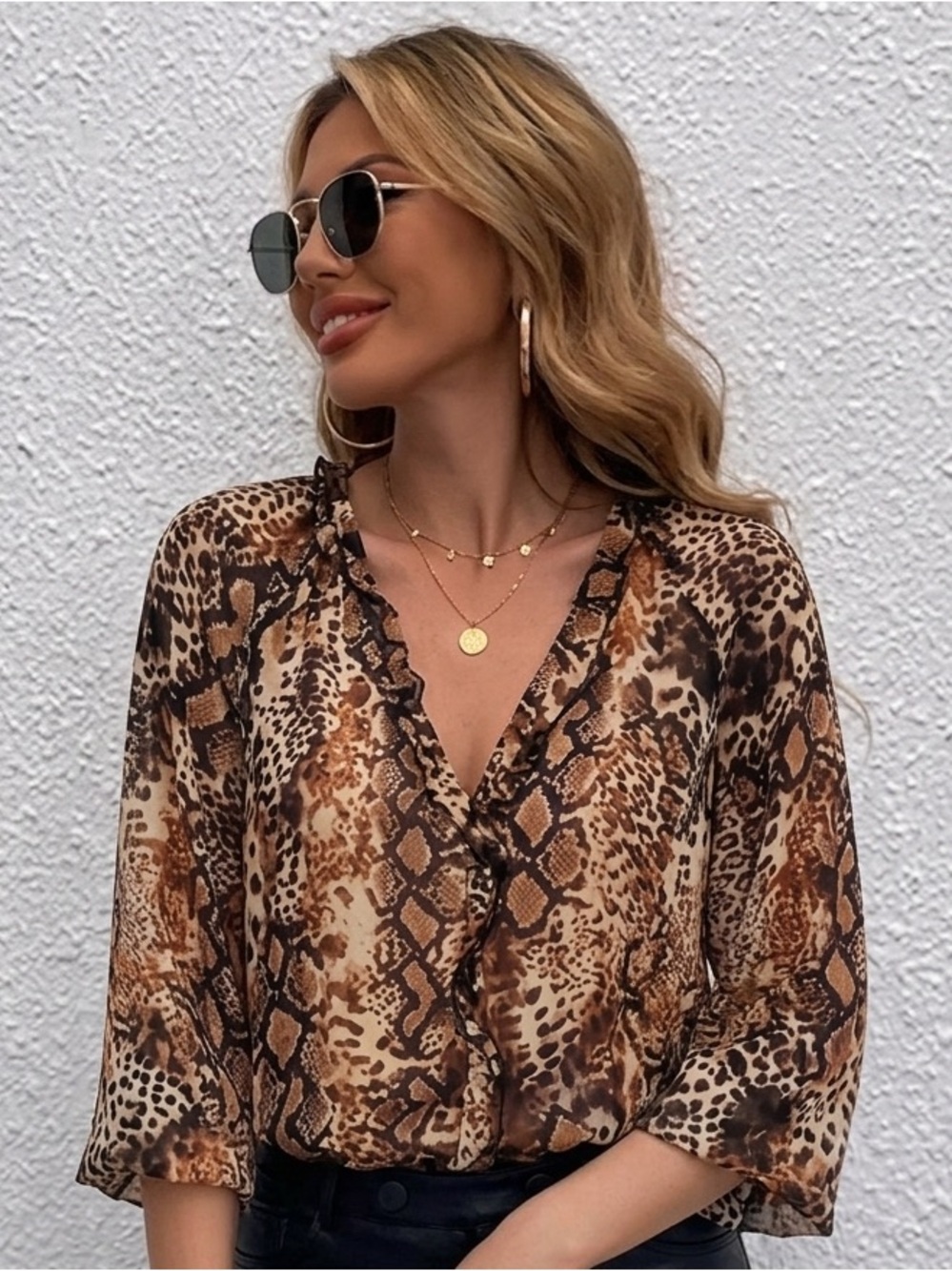 BA&SH $265 • 20” PTP • 2024 “Rick" Ruffled Blouse Animal Print V-Neck Blouse